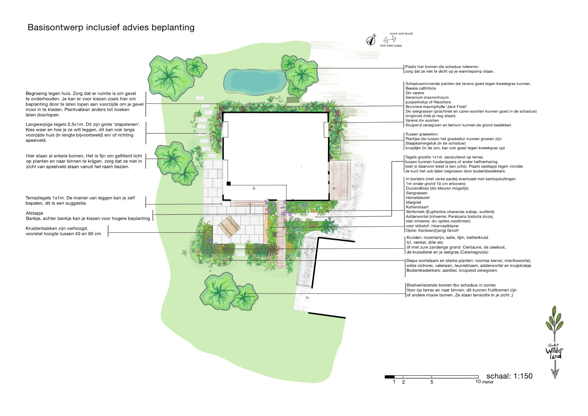Basisontwerp inclusief advies beplanting voor een gezinstuin in Oosterwold met terras, borders en kruidenbakken