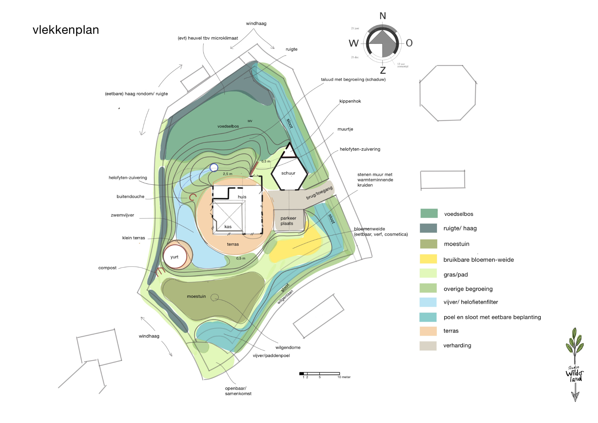 Vlekkenplan van het erf in Oosterwold met voedselbos, moestuin, bloemenweide en zwemvijver
