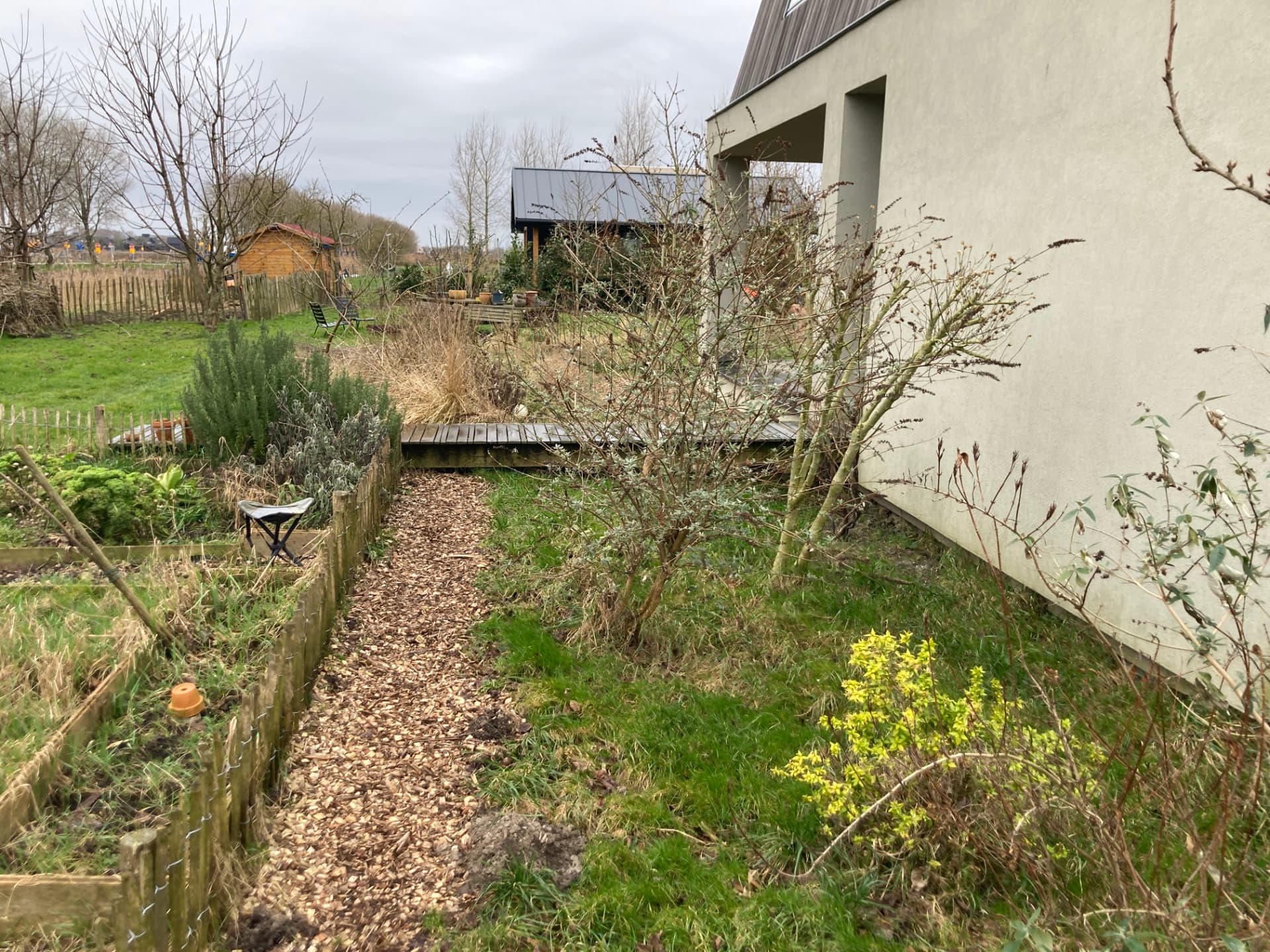 Startsituatie: houtsnipperpad langs moestuinbakken en vlonder naast het huis in de winter
