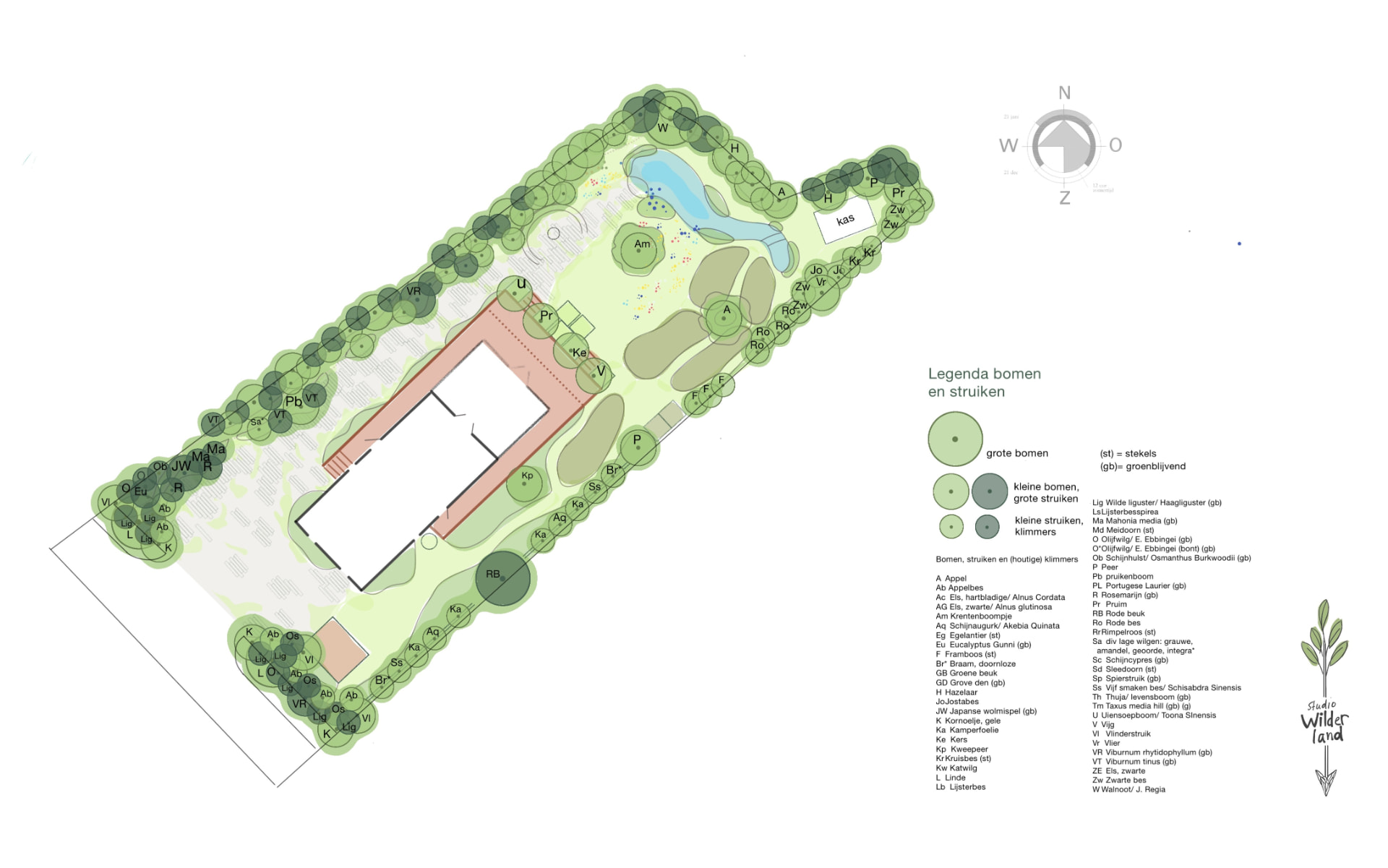 Beplantingsplan met legenda van bomen en struiken voor de tuin in Oosterwold