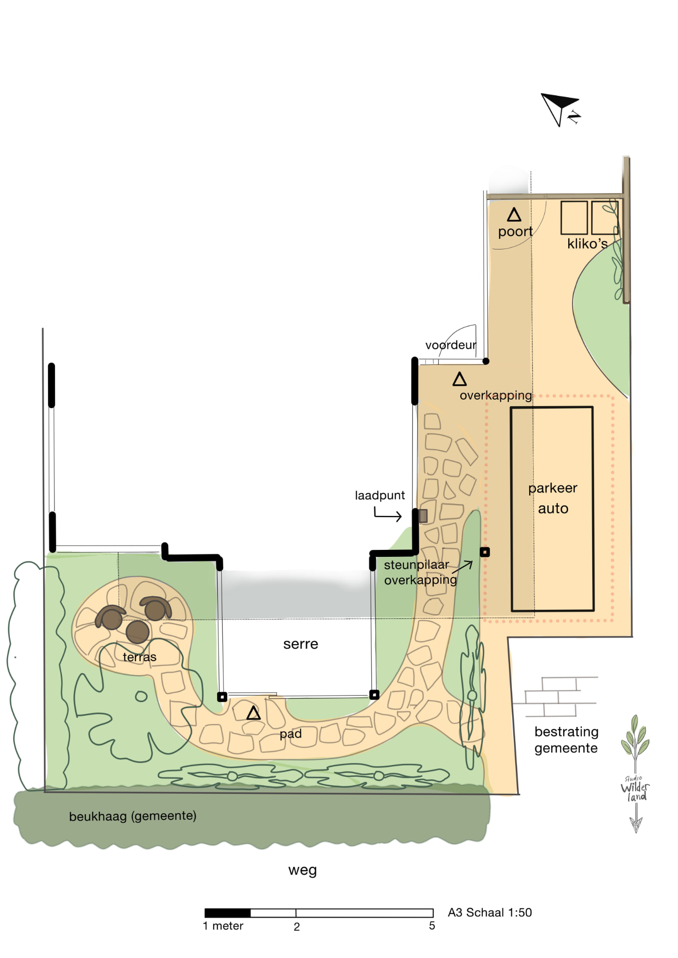 Ontwerptekening van de voortuin met terras, natuurstenen pad, parkeerplek en beukhaag