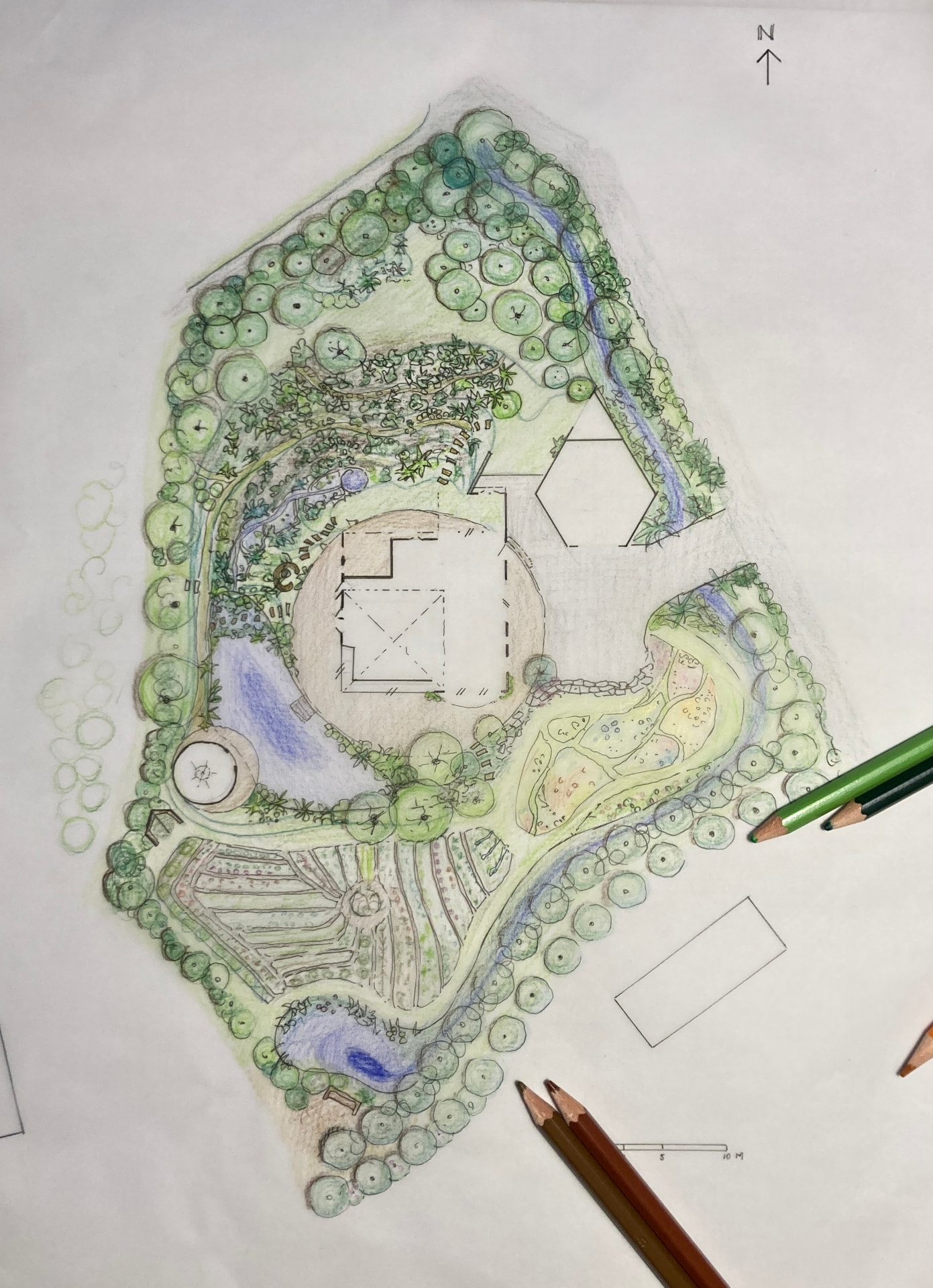 Ingekleurde potloodtekening van het ontwerp voor het erf in Oosterwold