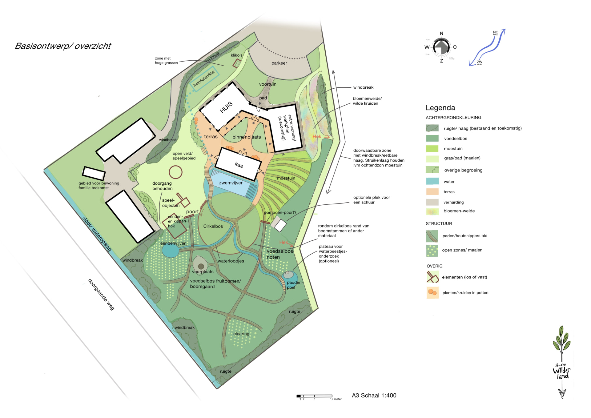 Basisontwerp overzicht van het erf met voedselbos, moestuin, zwemvijver en cirkelbos