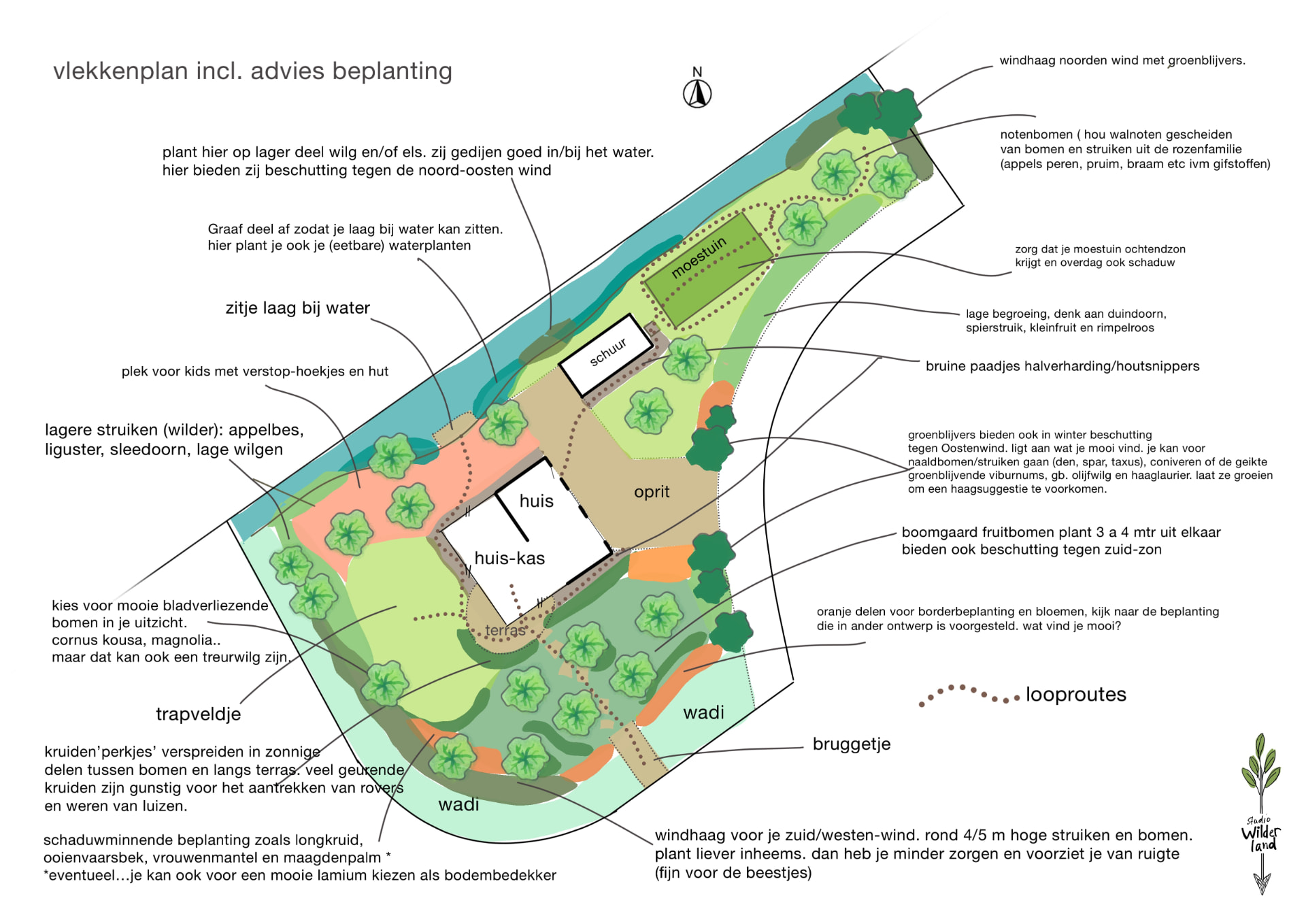 Vlekkenplan met beplantingsadvies voor een gezinstuin in Oosterwold met moestuin, boomgaard, wadi's en windhagen