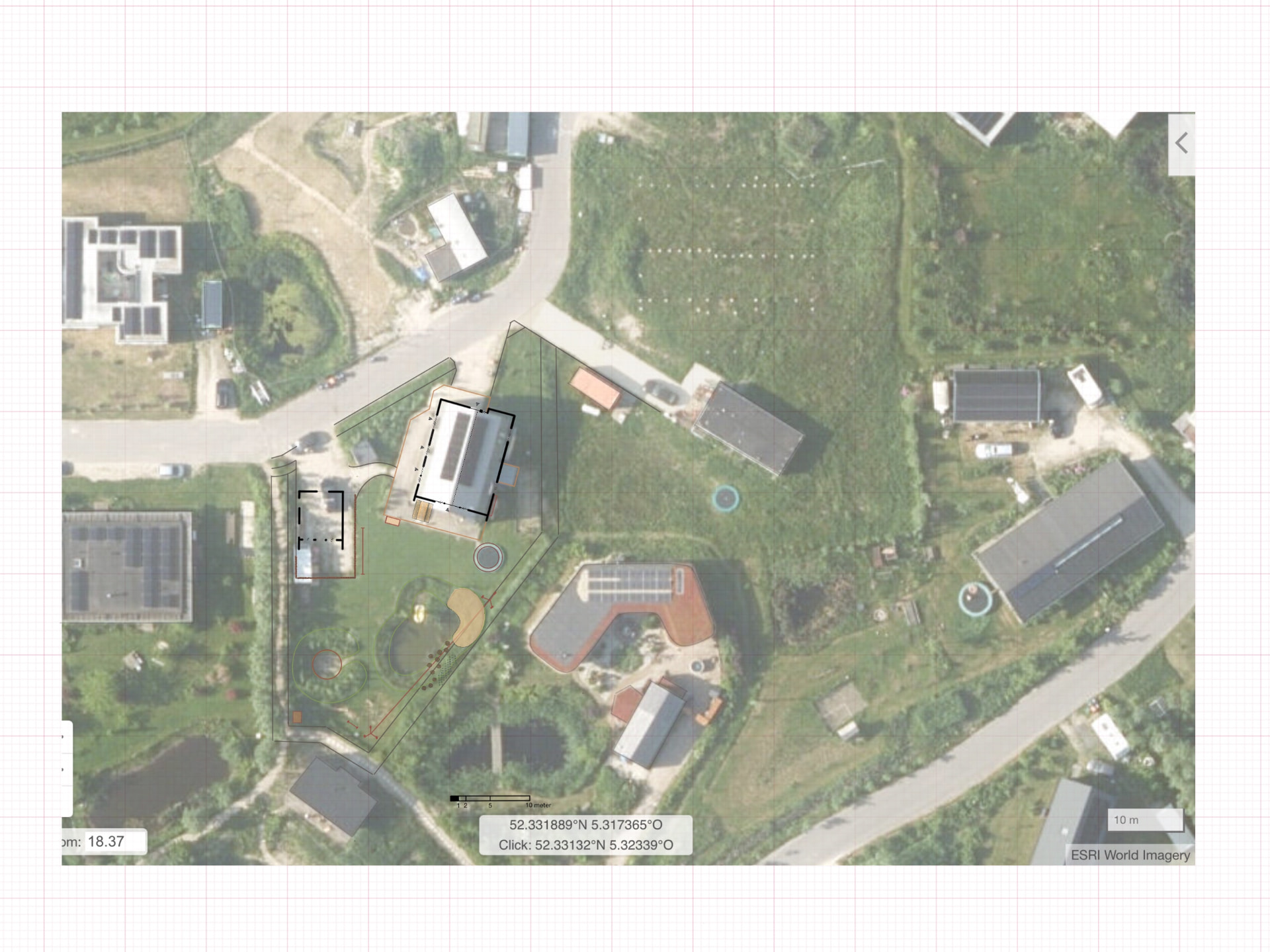 Luchtfoto met ingetekende kavelgrenzen en bestaande bebouwing als basis voor de studie