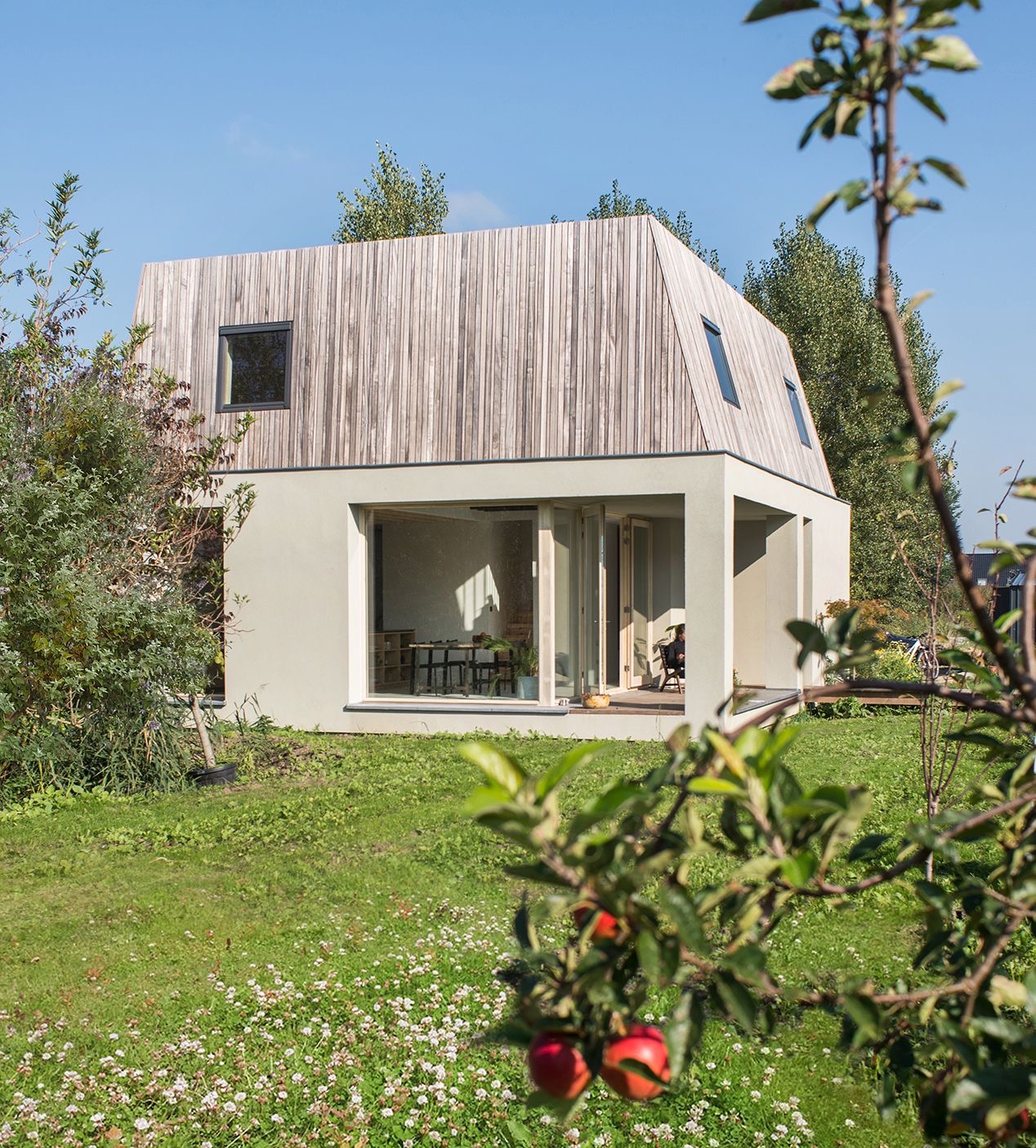 Het huis met houten gevel gezien vanuit de boomgaard met appelboom en bloeiend gras
