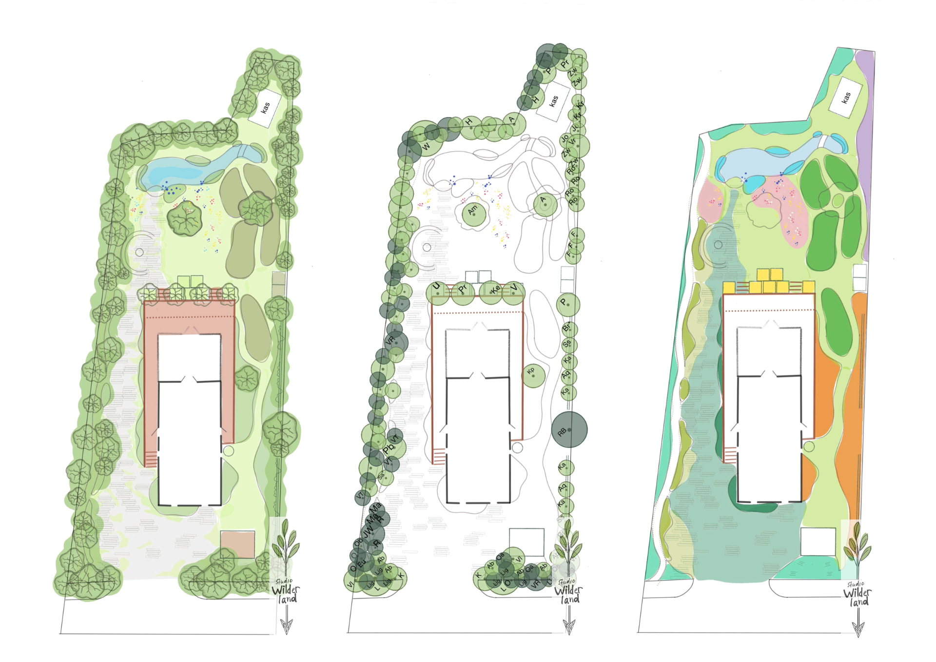 Drie ontwerptekeningen van de tuin in Oosterwold: schetsontwerp, bomen en struiken, en zonering van de kruidlaag