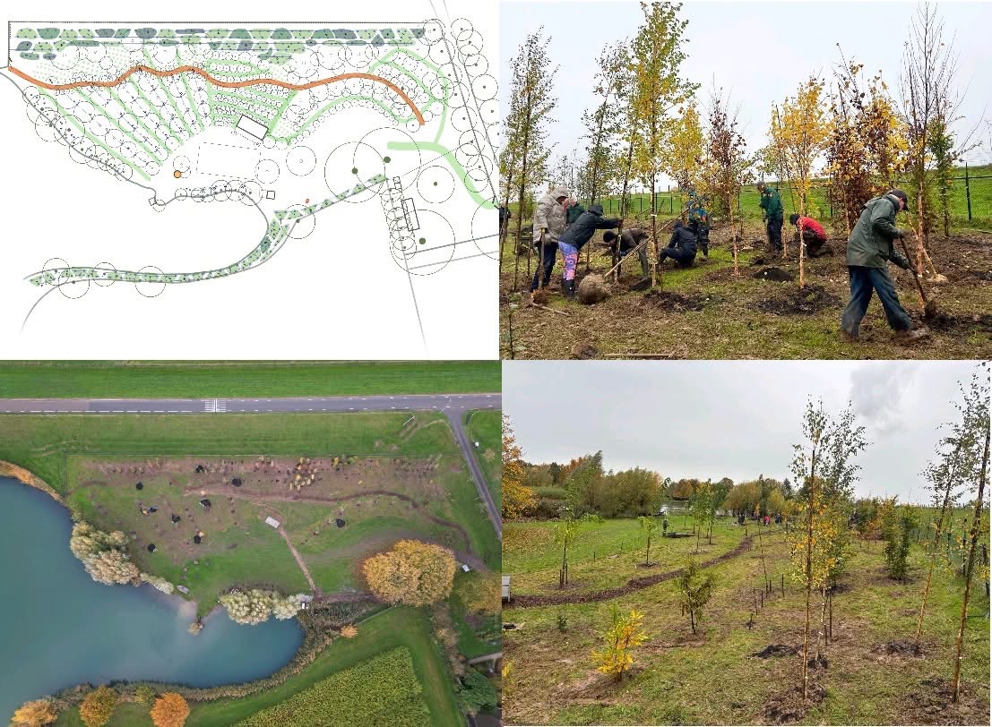 Collage van de ecologische tuinderij Rustenburg: beplantingsplan, aanplant van bomen, luchtfoto en het jonge voedselbos