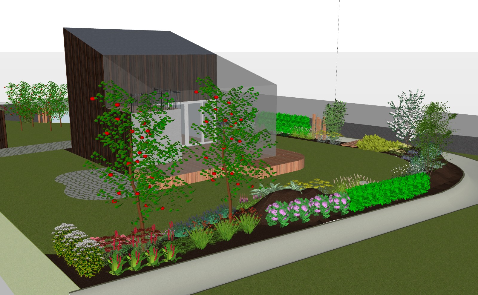 3D-impressie van de tuin met terras, leifruit, borders en bloeiende beplanting langs het pad