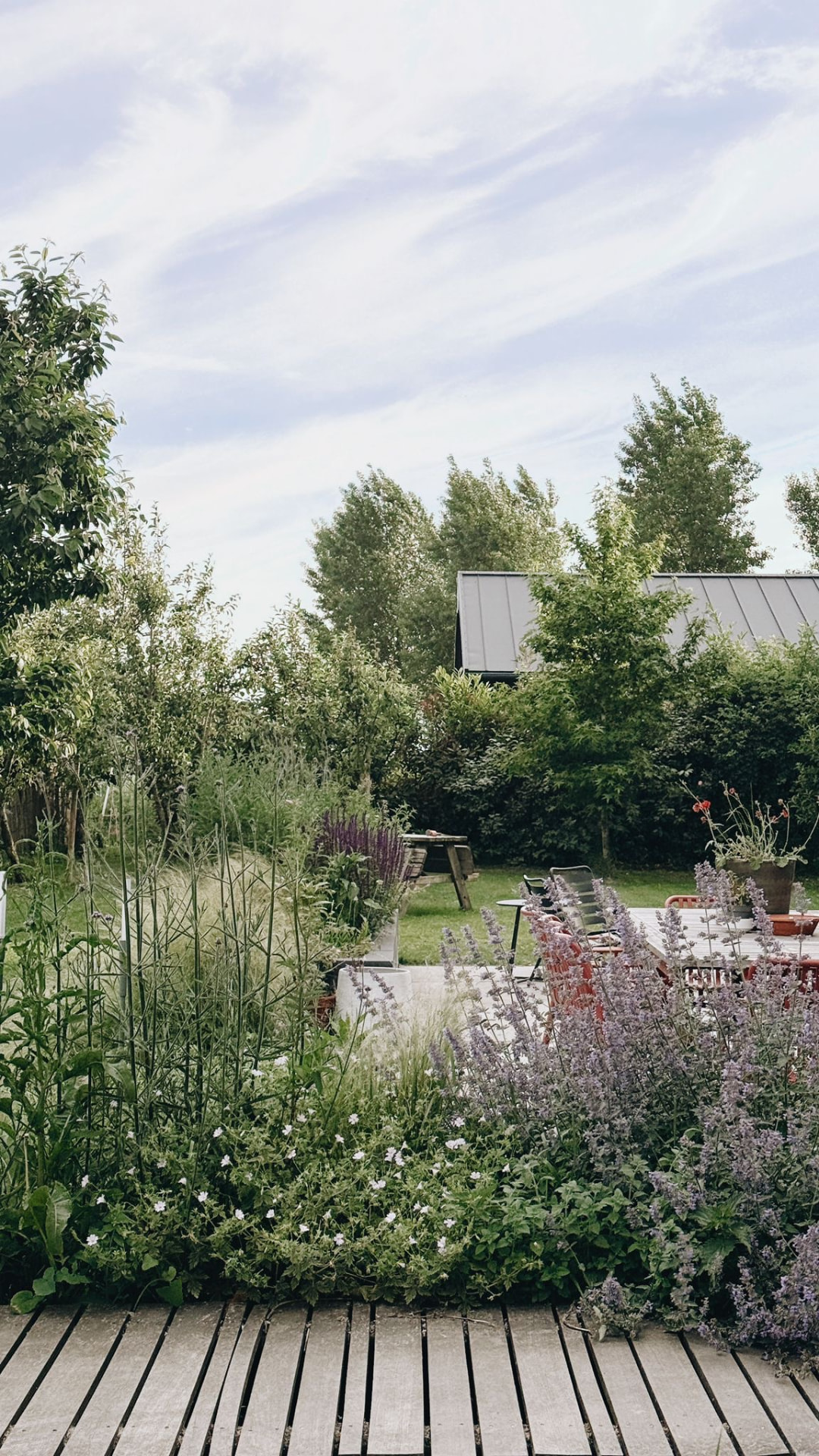 Doorkijk over de tuin met hoge kruiden, terras en gazon