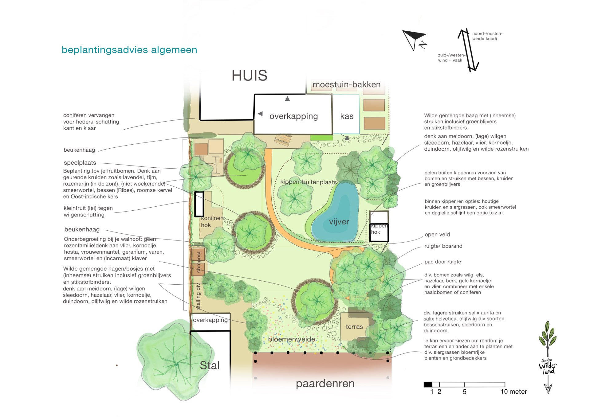 Beplantingsadvies algemeen met wilde gemengde hagen, kleinfruit, bloemenweide en ruigte rondom de vijver in Almere Hout