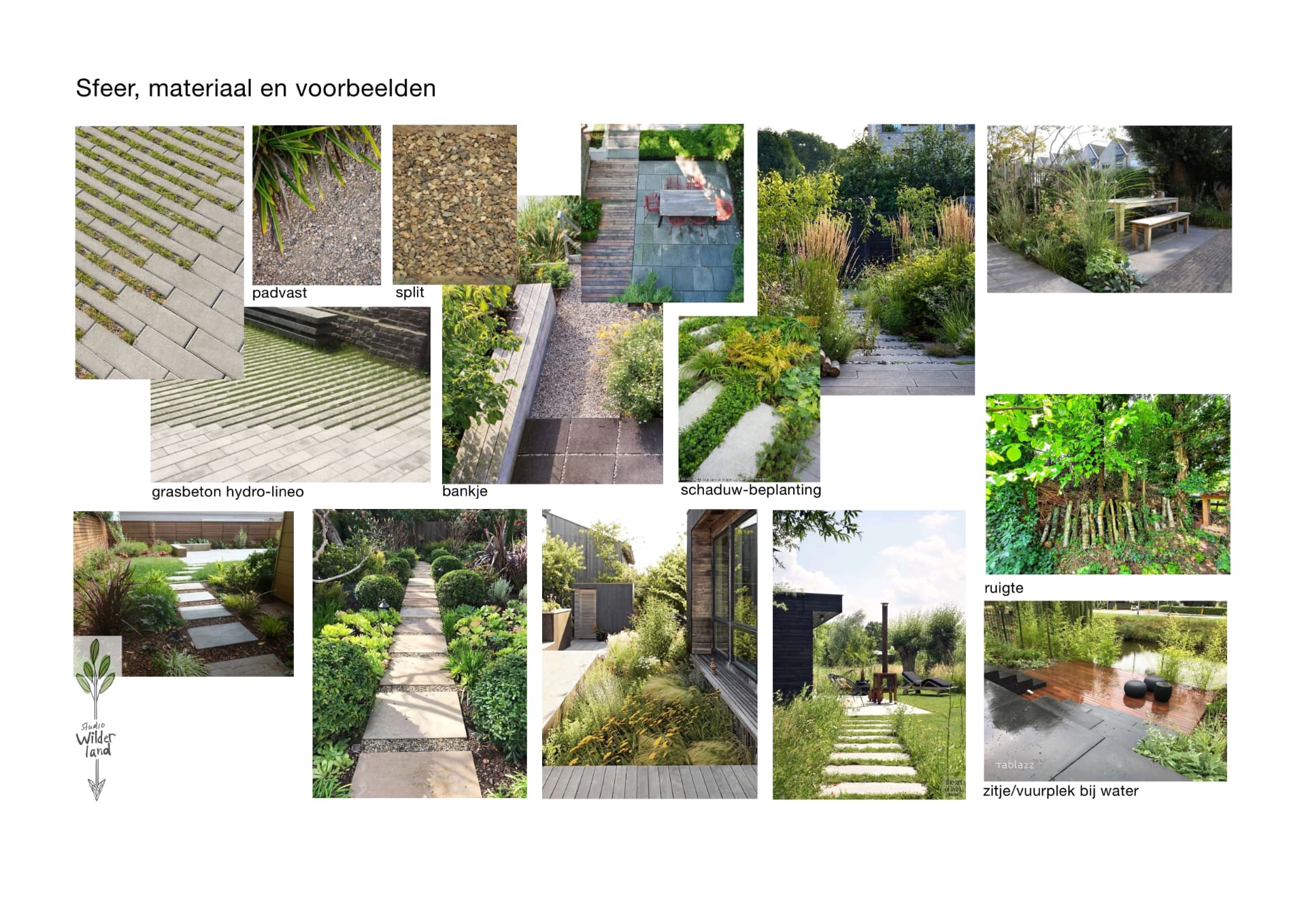 Sfeer, materiaal en voorbeelden: padvast, split, grasbeton, bankje, schaduwbeplanting en zitje bij het water
